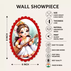 Saraswati Wall Decorative Showpiece 6 X 8 Inch | 4 MM MDF Wooden Glossy Sublimation Print | Back Hook Wall Hanging | Home Temple & Living Room Decor (F57465)
