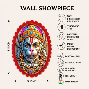 Hanuman Wall Decorative Showpiece 6 X 8 Inch | 4 MM MDF Wooden Glossy Sublimation Print | Back Hook Wall Hanging | Home Temple & Living Room Decor (F57499)