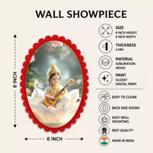 Saraswati Wall Decorative Showpiece 6 X 8 Inch | 4 MM MDF Wooden Glossy Sublimation Print | Back Hook Wall Hanging | Home Temple & Living Room Decor (F57722)