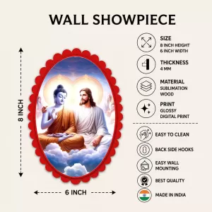 Gautama Buddha And Jesus Christ Wall Decorative Showpiece 6 X 8 Inch | 4 MM MDF Wooden Glossy Sublimation Print | Back Hook Wall Hanging | Home Temple & Living Room Decor (F57771)