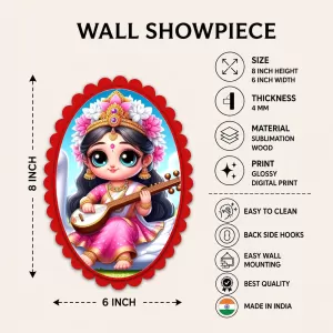 Saraswati Wall Decorative Showpiece 6 X 8 Inch | 4 MM MDF Wooden Glossy Sublimation Print | Back Hook Wall Hanging | Home Temple & Living Room Decor (F57772)