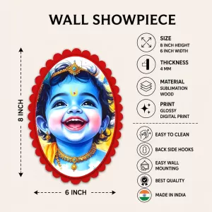 Lord Krishna Wall Decorative Showpiece 6 X 8 Inch | 4 MM MDF Wooden Glossy Sublimation Print | Back Hook Wall Hanging | Home Temple & Living Room Decor (F57812)