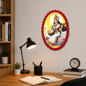 Saraswati Wall Decorative Showpiece 6 X 8 Inch | 4 MM MDF Wooden Glossy Sublimation Print | Back Hook Wall Hanging | Home Temple & Living Room Decor (F56953)