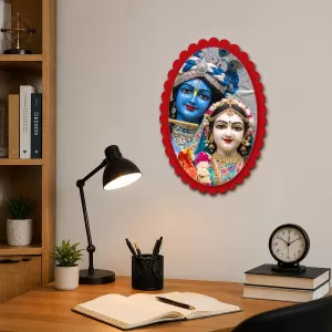 Radha Krishna Wall Decorative Showpiece 6 X 8 Inch | 4 MM MDF Wooden Glossy Sublimation Print | Back Hook Wall Hanging | Home Temple & Living Room Decor (F56962)
