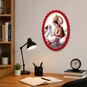 Saraswati Wall Decorative Showpiece 6 X 8 Inch | 4 MM MDF Wooden Glossy Sublimation Print | Back Hook Wall Hanging | Home Temple & Living Room Decor (F56975)
