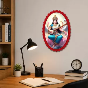 Saraswati Wall Decorative Showpiece 6 X 8 Inch | 4 MM MDF Wooden Glossy Sublimation Print | Back Hook Wall Hanging | Home Temple & Living Room Decor (F56997)