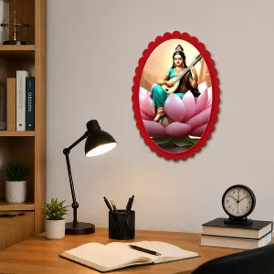 Saraswati Wall Decorative Showpiece 6 X 8 Inch | 4 MM MDF Wooden Glossy Sublimation Print | Back Hook Wall Hanging | Home Temple & Living Room Decor (F57039)