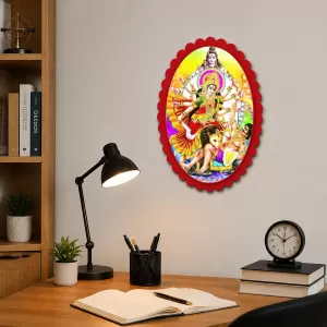Goddess Durga Wall Decorative Showpiece 6 X 8 Inch | 4 MM MDF Wooden Glossy Sublimation Print | Back Hook Wall Hanging | Home Temple & Living Room Decor (F57088)