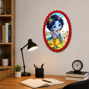 Lord Krishna Wall Decorative Showpiece 6 X 8 Inch | 4 MM MDF Wooden Glossy Sublimation Print | Back Hook Wall Hanging | Home Temple & Living Room Decor (F57173)