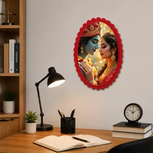 Radha Krishna Wall Decorative Showpiece 6 X 8 Inch | 4 MM MDF Wooden Glossy Sublimation Print | Back Hook Wall Hanging | Home Temple & Living Room Decor (F57196)