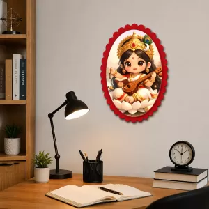 Saraswati Wall Decorative Showpiece 6 X 8 Inch | 4 MM MDF Wooden Glossy Sublimation Print | Back Hook Wall Hanging | Home Temple & Living Room Decor (F57232)
