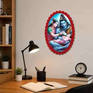 Lord Shiva And Parvati With Baby Shree Krishna Wall Decorative Showpiece 6 X 8 Inch | 4 MM MDF Wooden Glossy Sublimation Print | Back Hook Wall Hanging | Home Temple & Living Room Decor (F57323)