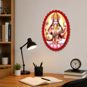 Saraswati Wall Decorative Showpiece 6 X 8 Inch | 4 MM MDF Wooden Glossy Sublimation Print | Back Hook Wall Hanging | Home Temple & Living Room Decor (F57376)