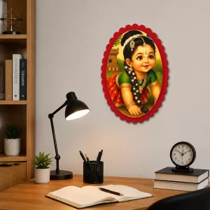 Baby Krishna Wall Decorative Showpiece 6 X 8 Inch | 4 MM MDF Wooden Glossy Sublimation Print | Back Hook Wall Hanging | Home Temple & Living Room Decor (F57416)