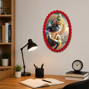 Krishna Wall Decorative Showpiece 6 X 8 Inch | 4 MM MDF Wooden Glossy Sublimation Print | Back Hook Wall Hanging | Home Temple & Living Room Decor (F57443)