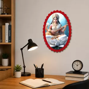 Saraswati Wall Decorative Showpiece 6 X 8 Inch | 4 MM MDF Wooden Glossy Sublimation Print | Back Hook Wall Hanging | Home Temple & Living Room Decor (F57452)