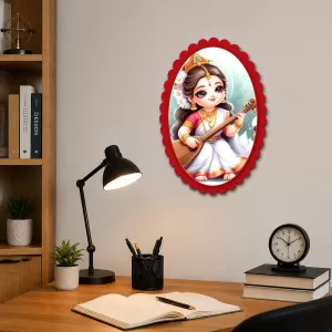 Saraswati Wall Decorative Showpiece 6 X 8 Inch | 4 MM MDF Wooden Glossy Sublimation Print | Back Hook Wall Hanging | Home Temple & Living Room Decor (F57465)