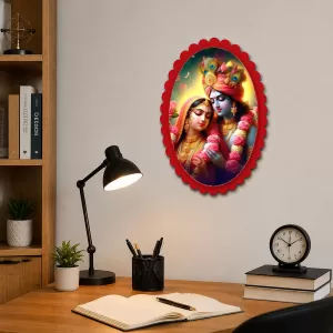 Krishna And Radha Wall Decorative Showpiece 6 X 8 Inch | 4 MM MDF Wooden Glossy Sublimation Print | Back Hook Wall Hanging | Home Temple & Living Room Decor (F57582)