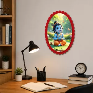 Lord Krishna Wall Decorative Showpiece 6 X 8 Inch | 4 MM MDF Wooden Glossy Sublimation Print | Back Hook Wall Hanging | Home Temple & Living Room Decor (F57685)