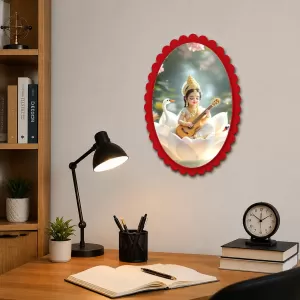 Saraswati Wall Decorative Showpiece 6 X 8 Inch | 4 MM MDF Wooden Glossy Sublimation Print | Back Hook Wall Hanging | Home Temple & Living Room Decor (F57722)