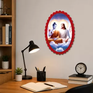Gautama Buddha And Jesus Christ Wall Decorative Showpiece 6 X 8 Inch | 4 MM MDF Wooden Glossy Sublimation Print | Back Hook Wall Hanging | Home Temple & Living Room Decor (F57771)