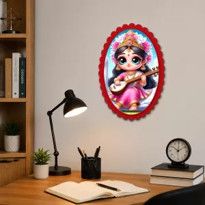 Saraswati Wall Decorative Showpiece 6 X 8 Inch | 4 MM MDF Wooden Glossy Sublimation Print | Back Hook Wall Hanging | Home Temple & Living Room Decor (F57772)