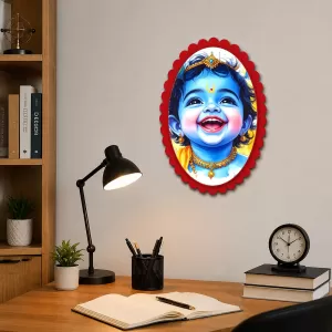Lord Krishna Wall Decorative Showpiece 6 X 8 Inch | 4 MM MDF Wooden Glossy Sublimation Print | Back Hook Wall Hanging | Home Temple & Living Room Decor (F57812)