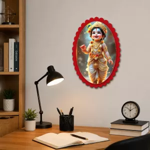 Baby Krishna Wall Decorative Showpiece 6 X 8 Inch | 4 MM MDF Wooden Glossy Sublimation Print | Back Hook Wall Hanging | Home Temple & Living Room Decor (F57968)