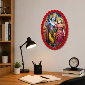 Krishna And Radha Wall Decorative Showpiece 6 X 8 Inch | 4 MM MDF Wooden Glossy Sublimation Print | Back Hook Wall Hanging | Home Temple & Living Room Decor (F57976)