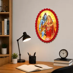 Shiva And Parvati Wall Decorative Showpiece 6 X 8 Inch | 4 MM MDF Wooden Glossy Sublimation Print | Back Hook Wall Hanging | Home Temple & Living Room Decor (F58200)