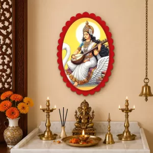 Saraswati Wall Decorative Showpiece 6 X 8 Inch | 4 MM MDF Wooden Glossy Sublimation Print | Back Hook Wall Hanging | Home Temple & Living Room Decor (F56953)