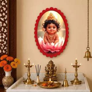 Baby Krishna Wall Decorative Showpiece 6 X 8 Inch | 4 MM MDF Wooden Glossy Sublimation Print | Back Hook Wall Hanging | Home Temple & Living Room Decor (F56955)