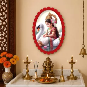 Saraswati Wall Decorative Showpiece 6 X 8 Inch | 4 MM MDF Wooden Glossy Sublimation Print | Back Hook Wall Hanging | Home Temple & Living Room Decor (F56975)