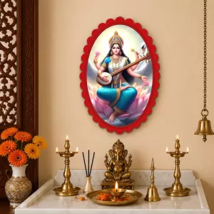 Saraswati Wall Decorative Showpiece 6 X 8 Inch | 4 MM MDF Wooden Glossy Sublimation Print | Back Hook Wall Hanging | Home Temple & Living Room Decor (F56997)