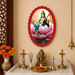 Saraswati Wall Decorative Showpiece 6 X 8 Inch | 4 MM MDF Wooden Glossy Sublimation Print | Back Hook Wall Hanging | Home Temple & Living Room Decor (F57039)