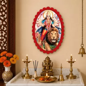Goddess Durga Wall Decorative Showpiece 6 X 8 Inch | 4 MM MDF Wooden Glossy Sublimation Print | Back Hook Wall Hanging | Home Temple & Living Room Decor (F57048)
