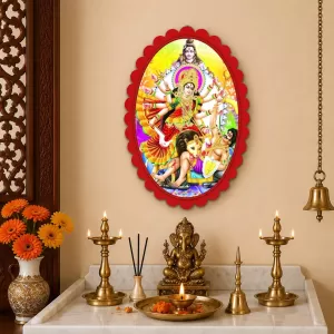 Goddess Durga Wall Decorative Showpiece 6 X 8 Inch | 4 MM MDF Wooden Glossy Sublimation Print | Back Hook Wall Hanging | Home Temple & Living Room Decor (F57088)