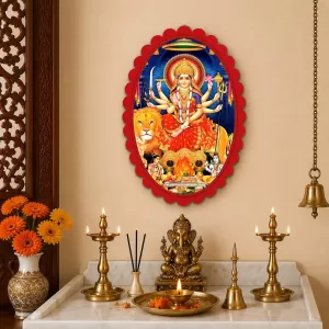 Goddess Durga Wall Decorative Showpiece 6 X 8 Inch | 4 MM MDF Wooden Glossy Sublimation Print | Back Hook Wall Hanging | Home Temple & Living Room Decor (F57099)