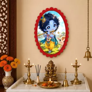 Lord Krishna Wall Decorative Showpiece 6 X 8 Inch | 4 MM MDF Wooden Glossy Sublimation Print | Back Hook Wall Hanging | Home Temple & Living Room Decor (F57173)