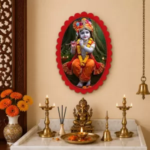 Krishna Wall Decorative Showpiece 6 X 8 Inch | 4 MM MDF Wooden Glossy Sublimation Print | Back Hook Wall Hanging | Home Temple & Living Room Decor (F57184)