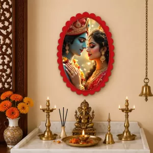Radha Krishna Wall Decorative Showpiece 6 X 8 Inch | 4 MM MDF Wooden Glossy Sublimation Print | Back Hook Wall Hanging | Home Temple & Living Room Decor (F57196)