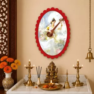 Saraswati Wall Decorative Showpiece 6 X 8 Inch | 4 MM MDF Wooden Glossy Sublimation Print | Back Hook Wall Hanging | Home Temple & Living Room Decor (F57209)
