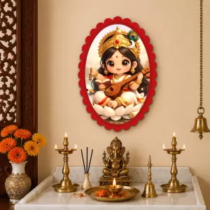 Saraswati Wall Decorative Showpiece 6 X 8 Inch | 4 MM MDF Wooden Glossy Sublimation Print | Back Hook Wall Hanging | Home Temple & Living Room Decor (F57232)