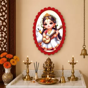 Saraswati Wall Decorative Showpiece 6 X 8 Inch | 4 MM MDF Wooden Glossy Sublimation Print | Back Hook Wall Hanging | Home Temple & Living Room Decor (F57260)