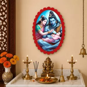Lord Shiva And Parvati With Baby Shree Krishna Wall Decorative Showpiece 6 X 8 Inch | 4 MM MDF Wooden Glossy Sublimation Print | Back Hook Wall Hanging | Home Temple & Living Room Decor (F57323)