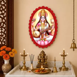 Saraswati Wall Decorative Showpiece 6 X 8 Inch | 4 MM MDF Wooden Glossy Sublimation Print | Back Hook Wall Hanging | Home Temple & Living Room Decor (F57376)