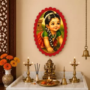 Baby Krishna Wall Decorative Showpiece 6 X 8 Inch | 4 MM MDF Wooden Glossy Sublimation Print | Back Hook Wall Hanging | Home Temple & Living Room Decor (F57416)