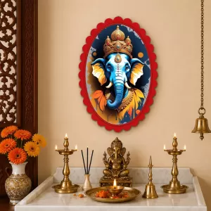 Ganesha Wall Decorative Showpiece 6 X 8 Inch | 4 MM MDF Wooden Glossy Sublimation Print | Back Hook Wall Hanging | Home Temple & Living Room Decor (F57425)