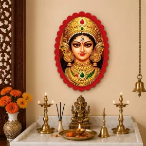 Goddess Durga Wall Decorative Showpiece 6 X 8 Inch | 4 MM MDF Wooden Glossy Sublimation Print | Back Hook Wall Hanging | Home Temple & Living Room Decor (F57436)
