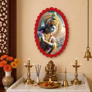 Krishna Wall Decorative Showpiece 6 X 8 Inch | 4 MM MDF Wooden Glossy Sublimation Print | Back Hook Wall Hanging | Home Temple & Living Room Decor (F57443)